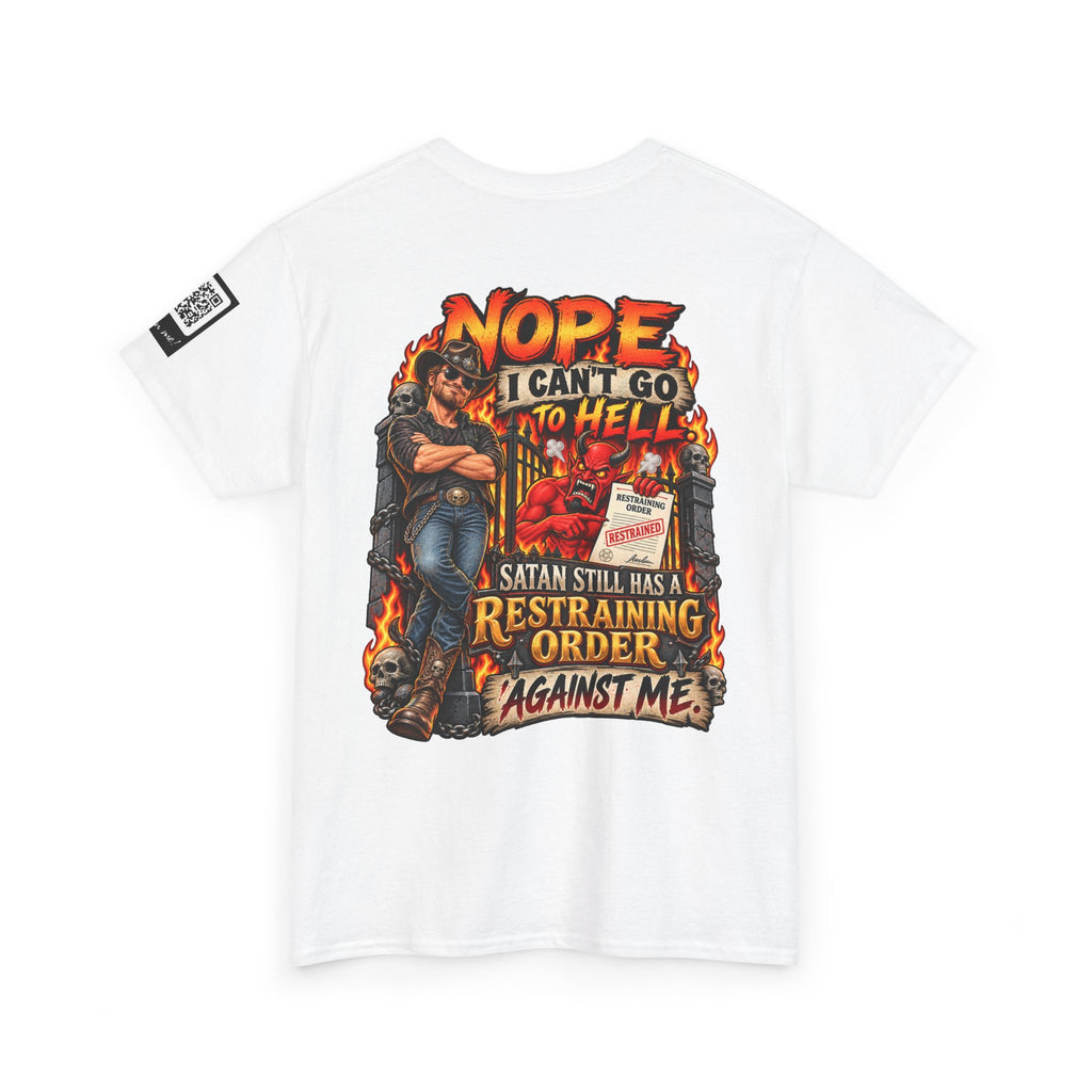 Satan Still Has a Restraining Order Against Me Back Graphic Tee