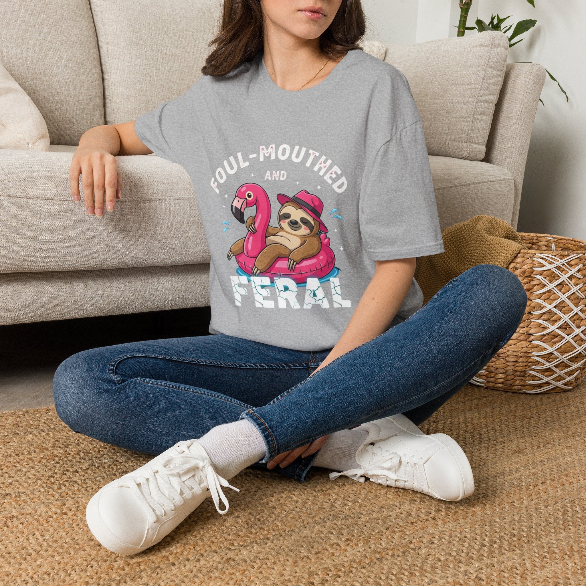 Foul‑Mouthed and Feral Sloth Graphic T-Shirt — Funny Pool Float Flamingo Tee