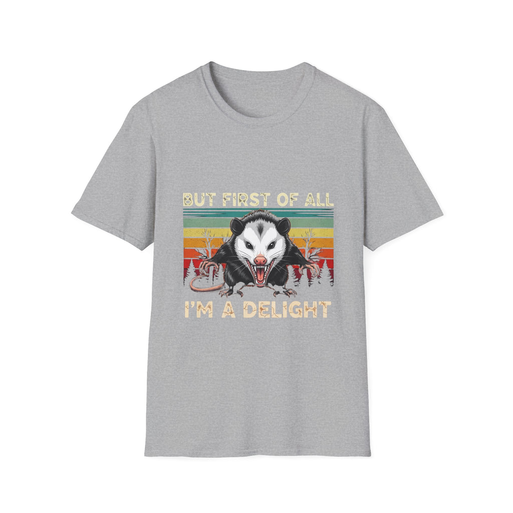 Opossum Graphic Tee — “But First Of All I’m A Delight” Vintage Sunset T-Shirt