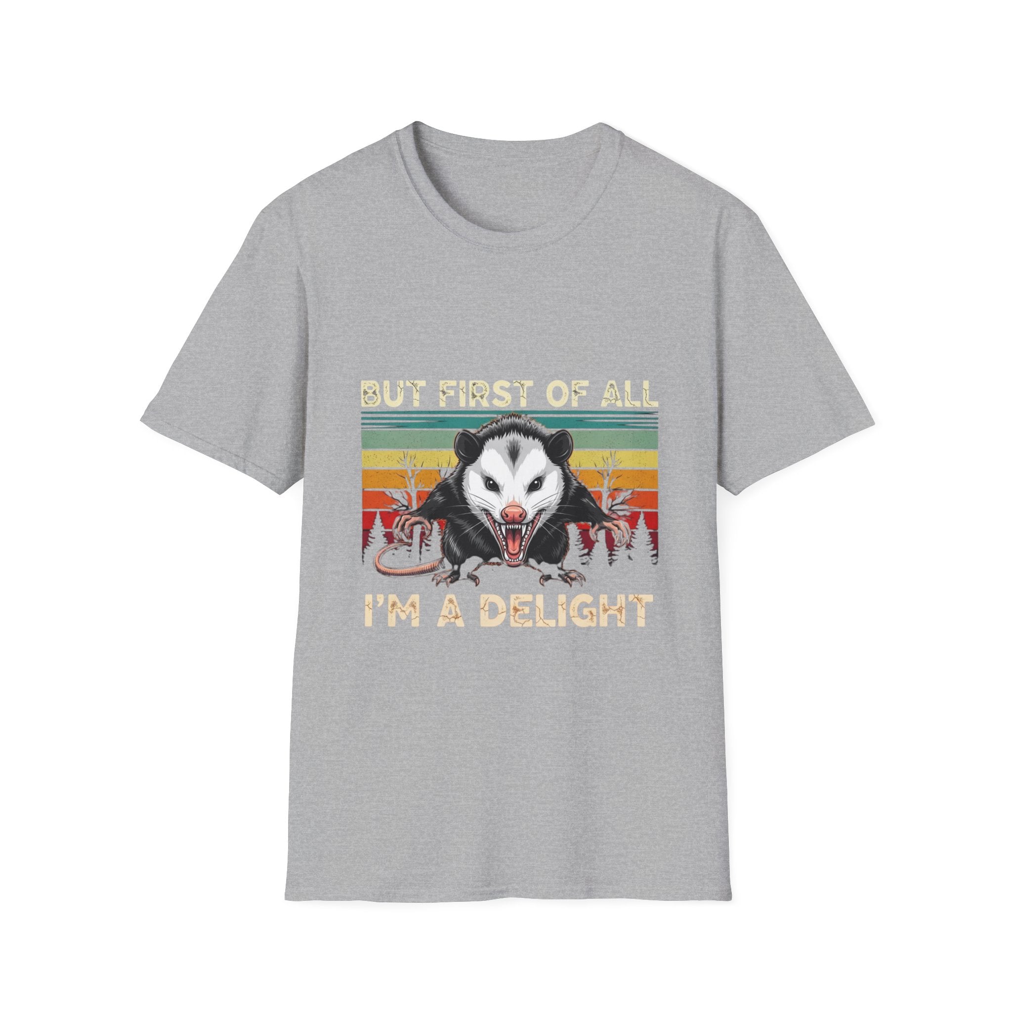 Opossum Graphic Tee — “But First Of All I’m A Delight” Vintage Sunset T-Shirt