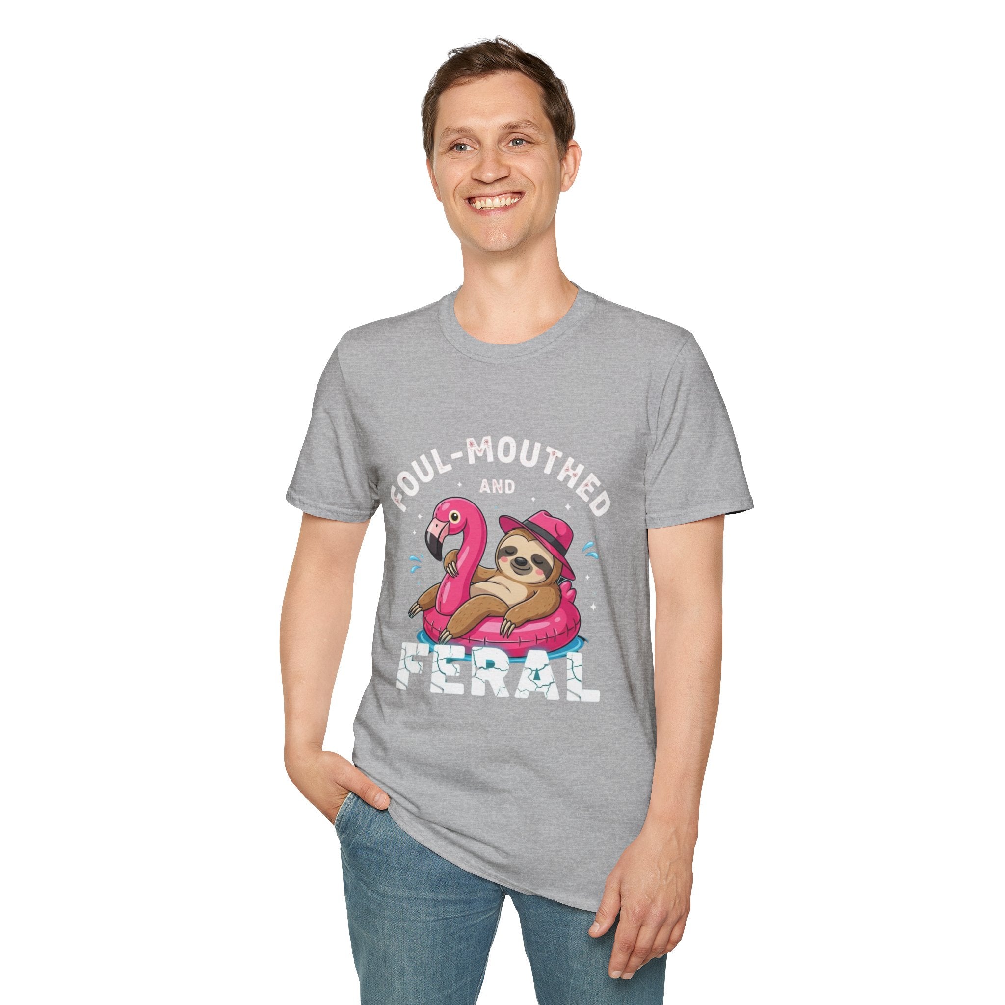 Foul‑Mouthed and Feral Sloth Graphic T-Shirt — Funny Pool Float Flamingo Tee