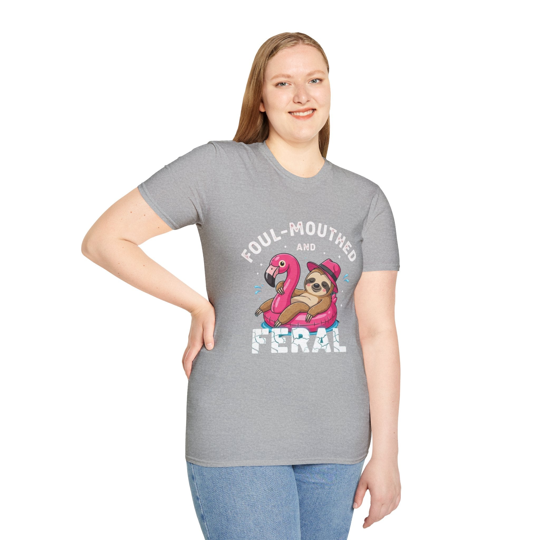 Foul‑Mouthed and Feral Sloth Graphic T-Shirt — Funny Pool Float Flamingo Tee