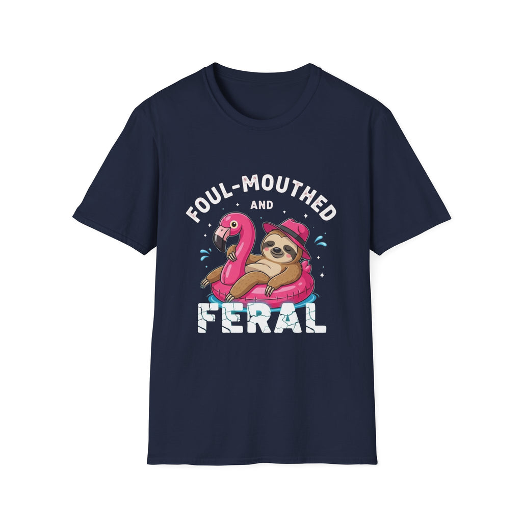 Foul‑Mouthed and Feral Sloth Graphic T-Shirt — Funny Pool Float Flamingo Tee