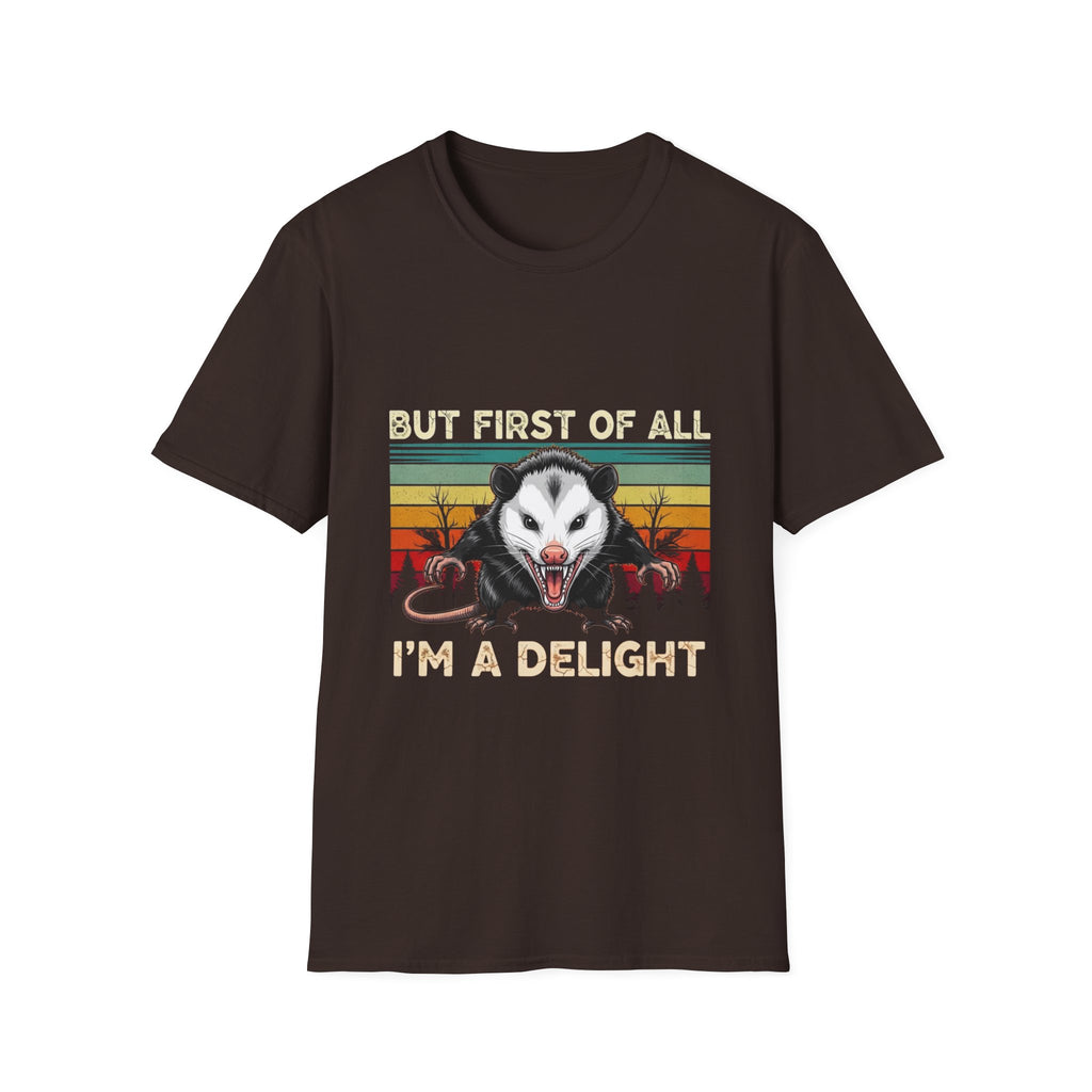 Opossum Graphic Tee — “But First Of All I’m A Delight” Vintage Sunset T-Shirt