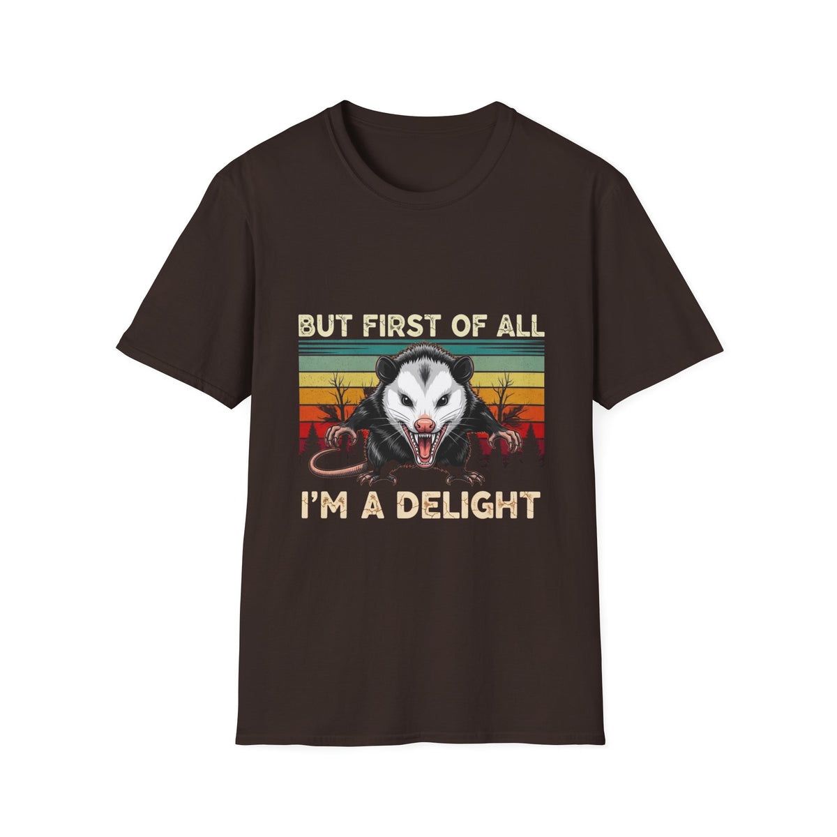 Opossum Graphic Tee — “But First Of All I’m A Delight” Vintage Sunset T-Shirt
