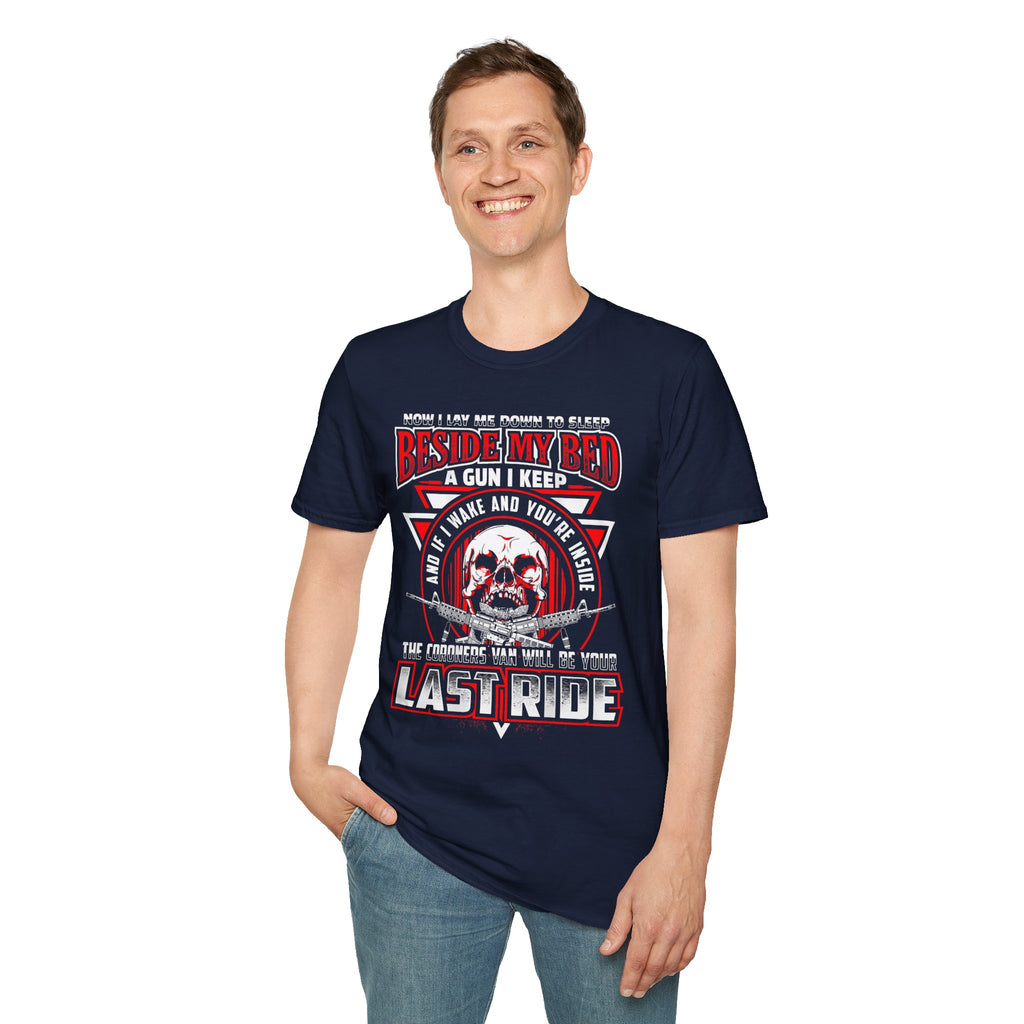T-Shirt — "Beside My Bed a Gun I Keep" Skull Graphic