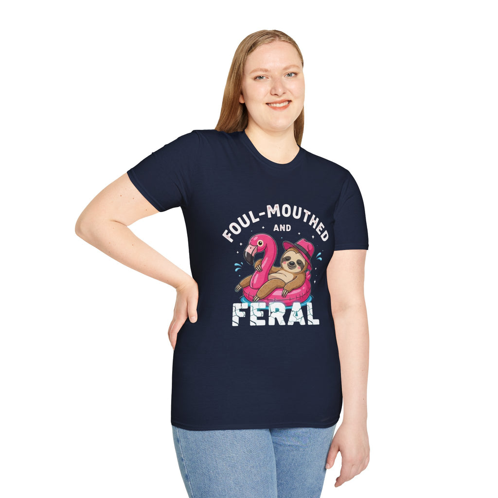 Foul‑Mouthed and Feral Sloth Graphic T-Shirt — Funny Pool Float Flamingo Tee