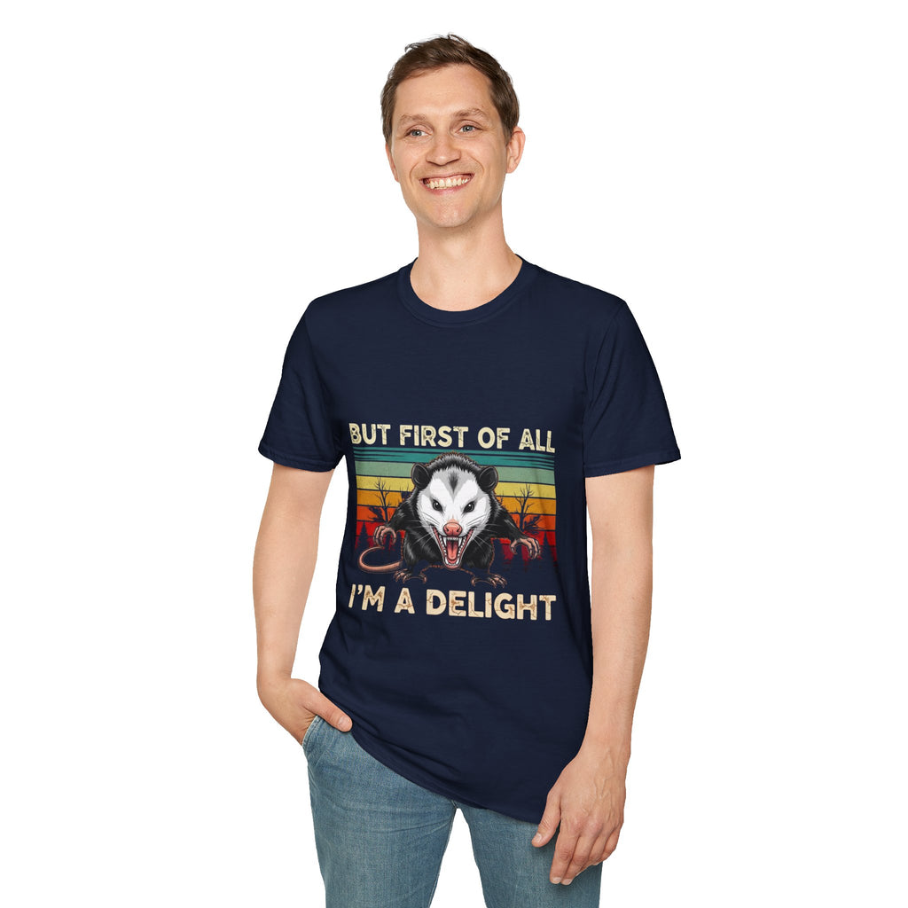 Opossum Graphic Tee — “But First Of All I’m A Delight” Vintage Sunset T-Shirt