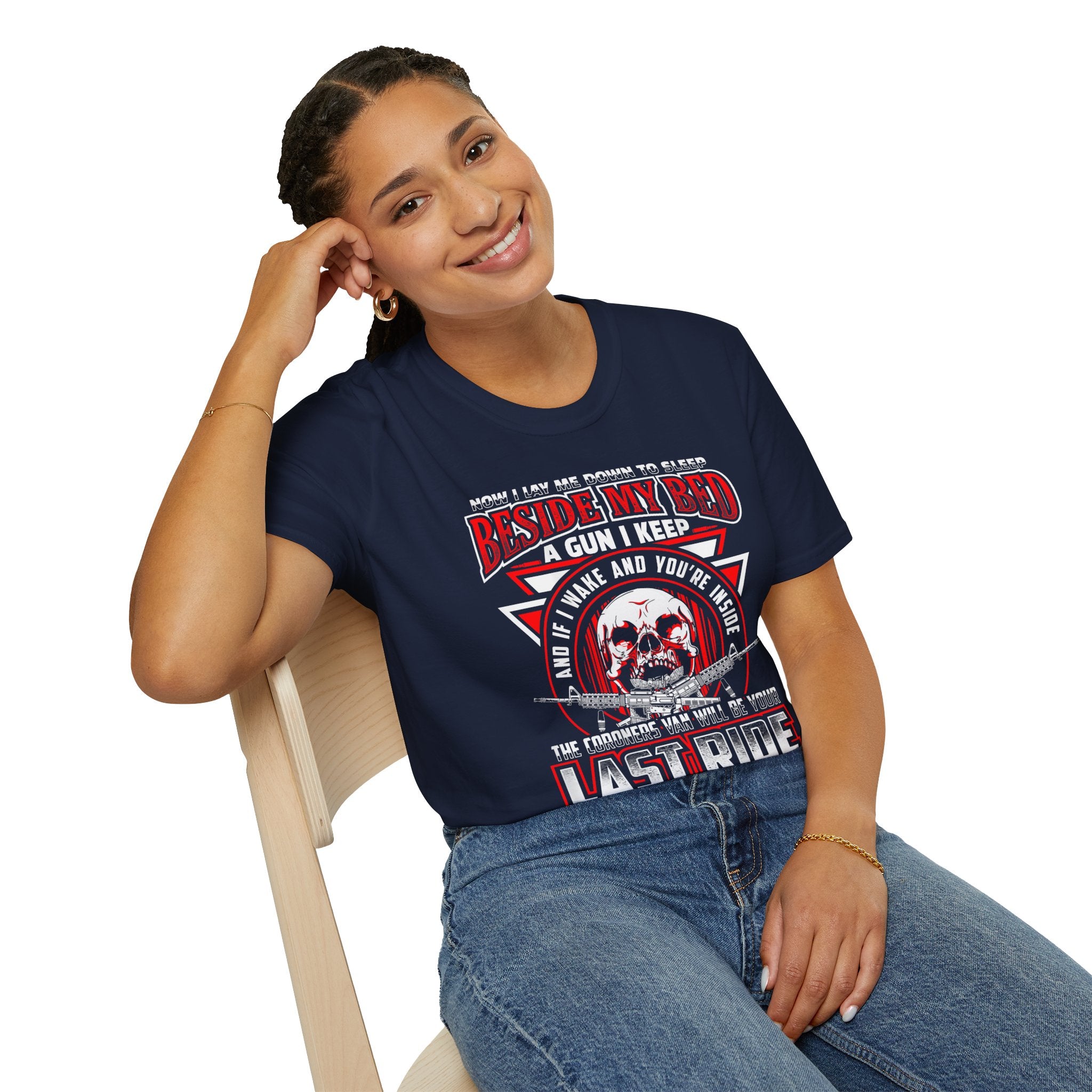 T-Shirt — "Beside My Bed a Gun I Keep" Skull Graphic