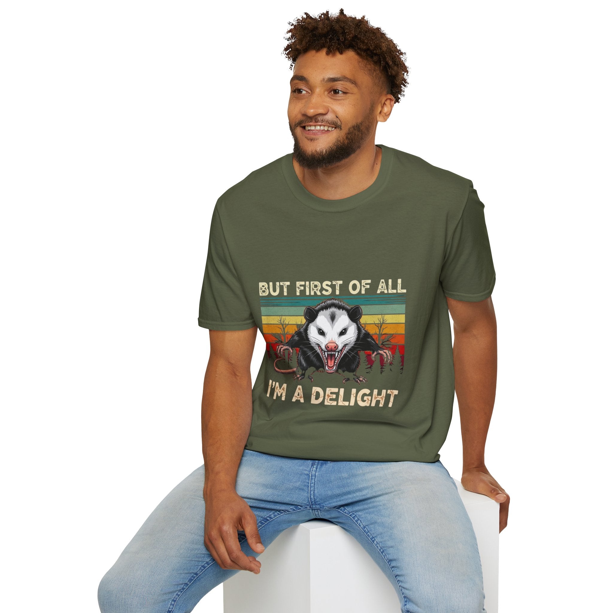 Opossum Graphic Tee — “But First Of All I’m A Delight” Vintage Sunset T-Shirt