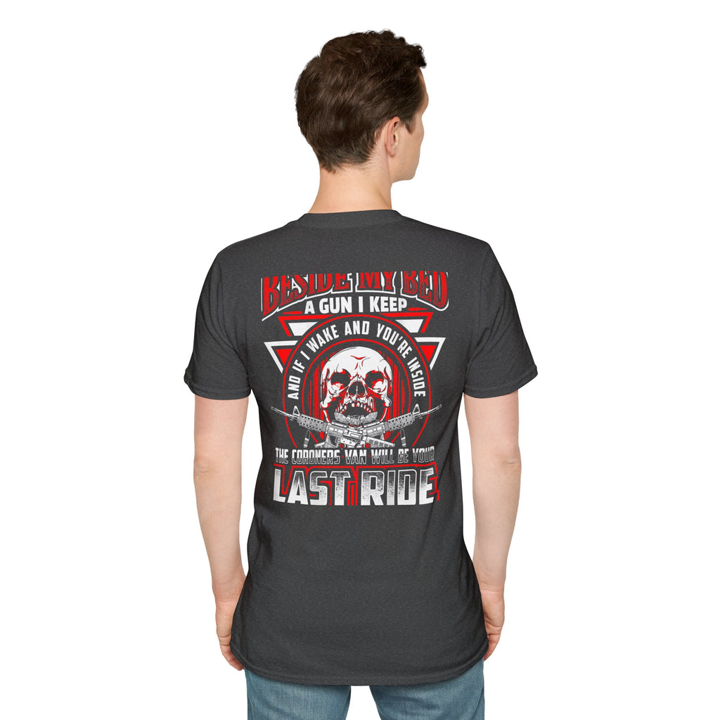 T-Shirt — "Beside My Bed a Gun I Keep" Skull Graphic