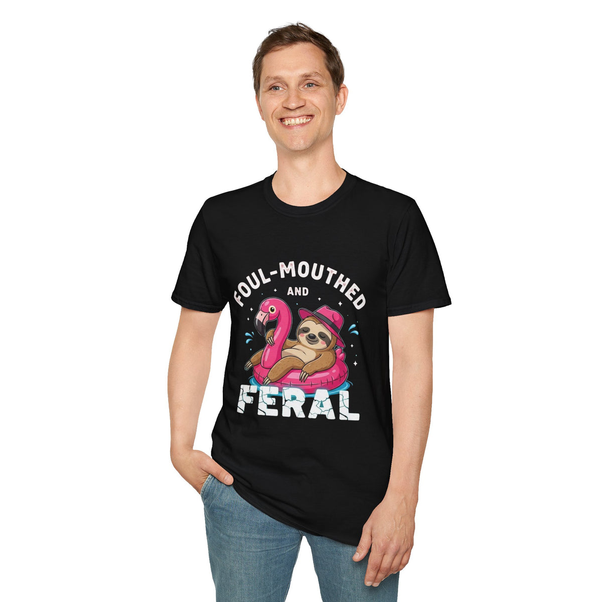 Foul‑Mouthed and Feral Sloth Graphic T-Shirt — Funny Pool Float Flamingo Tee