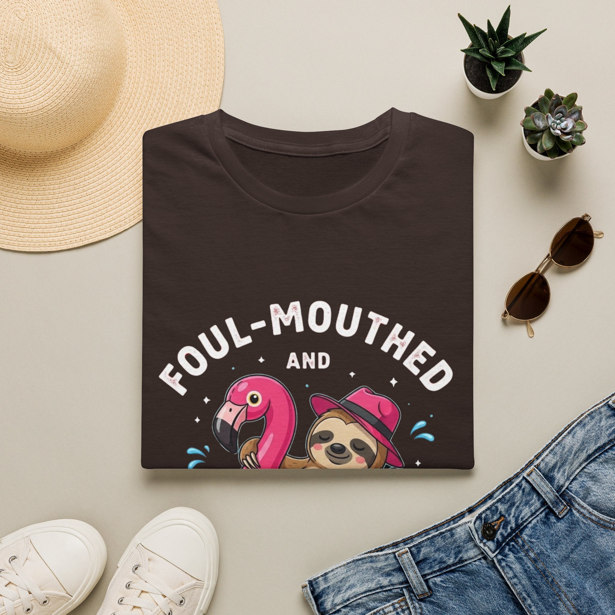 Foul‑Mouthed and Feral Sloth Graphic T-Shirt — Funny Pool Float Flamingo Tee