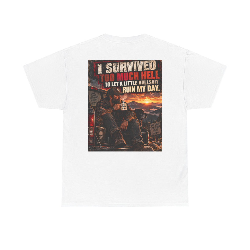 I Survived Too Much Hell T-Shirt – Veteran/Resilient Motorcycle Rider Graphic Tee