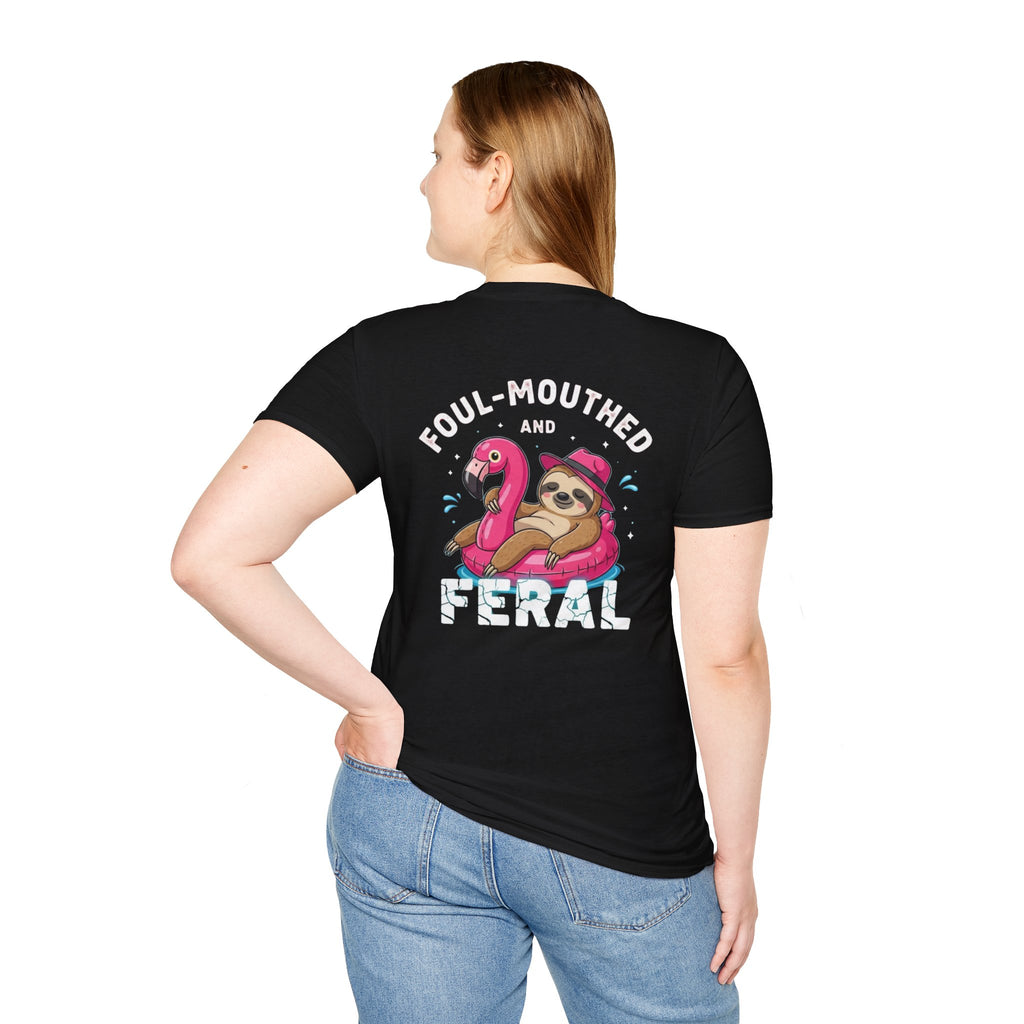 Foul‑Mouthed and Feral Sloth Graphic T-Shirt — Funny Pool Float Flamingo Tee