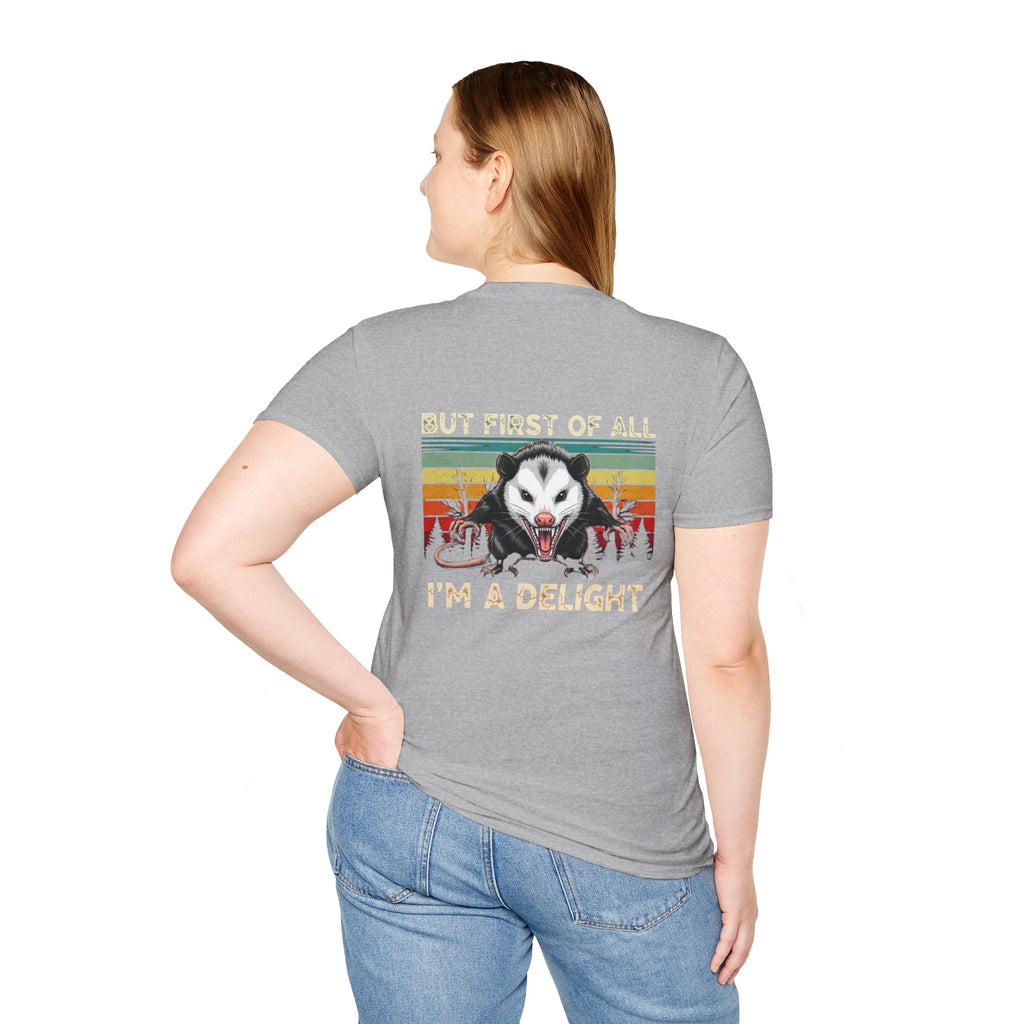 Opossum Graphic Tee — “But First Of All I’m A Delight” Vintage Sunset T-Shirt