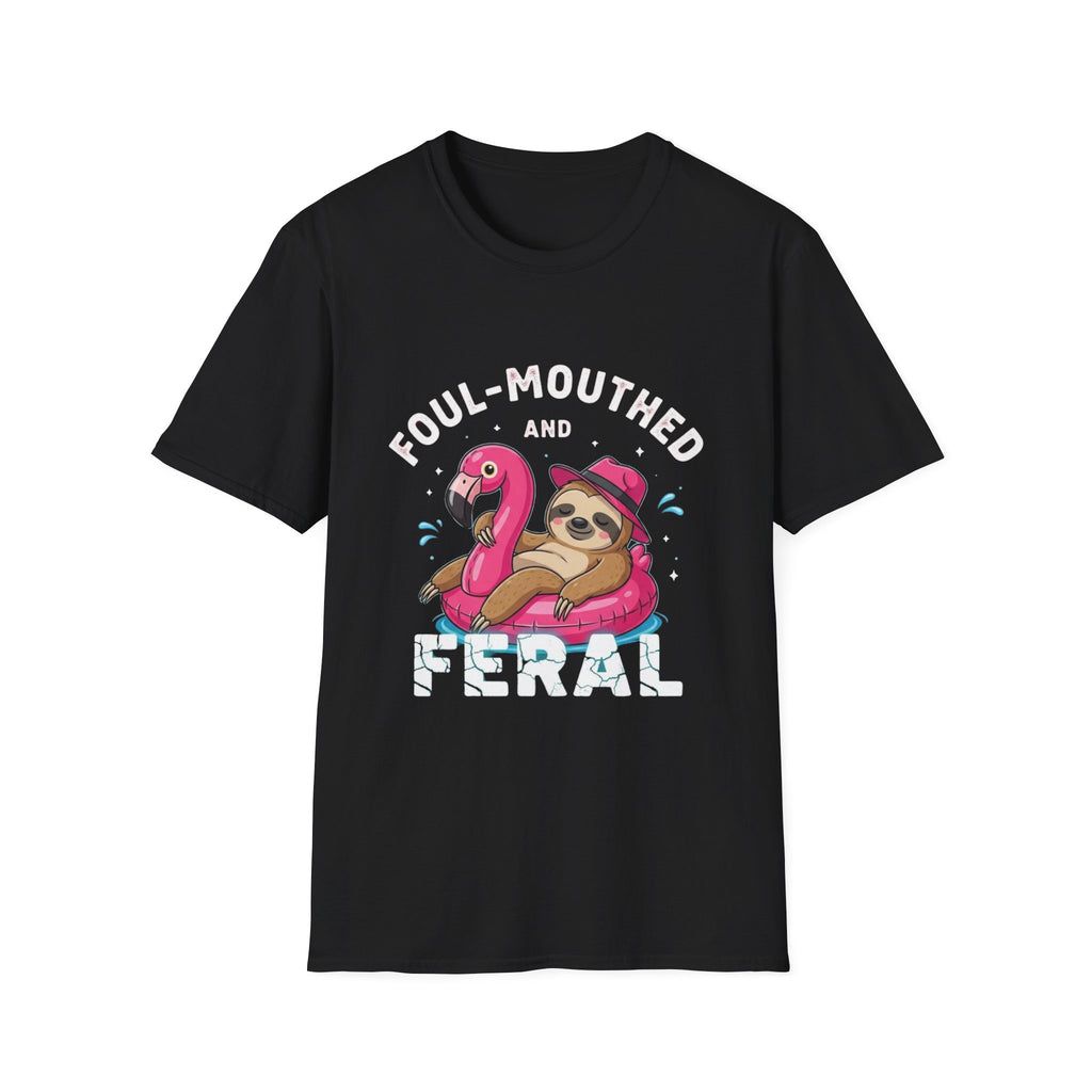 Foul‑Mouthed and Feral Sloth Graphic T-Shirt — Funny Pool Float Flamingo Tee