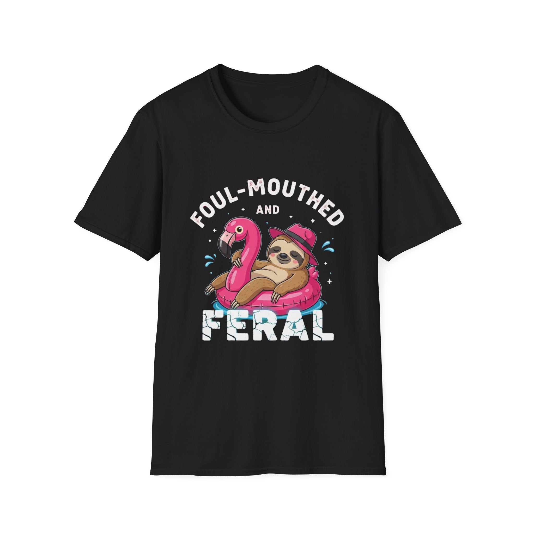 Foul‑Mouthed and Feral Sloth Graphic T-Shirt — Funny Pool Float Flamingo Tee