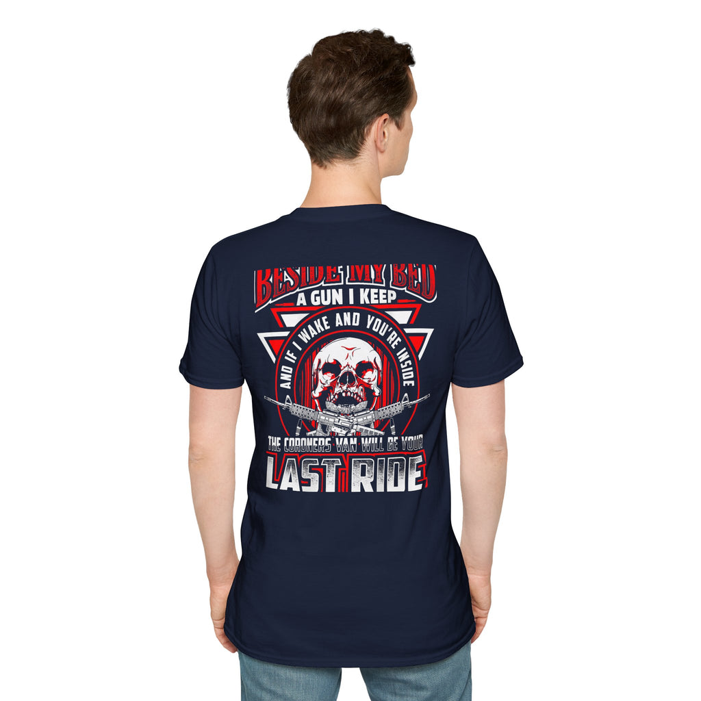 T-Shirt — "Beside My Bed a Gun I Keep" Skull Graphic