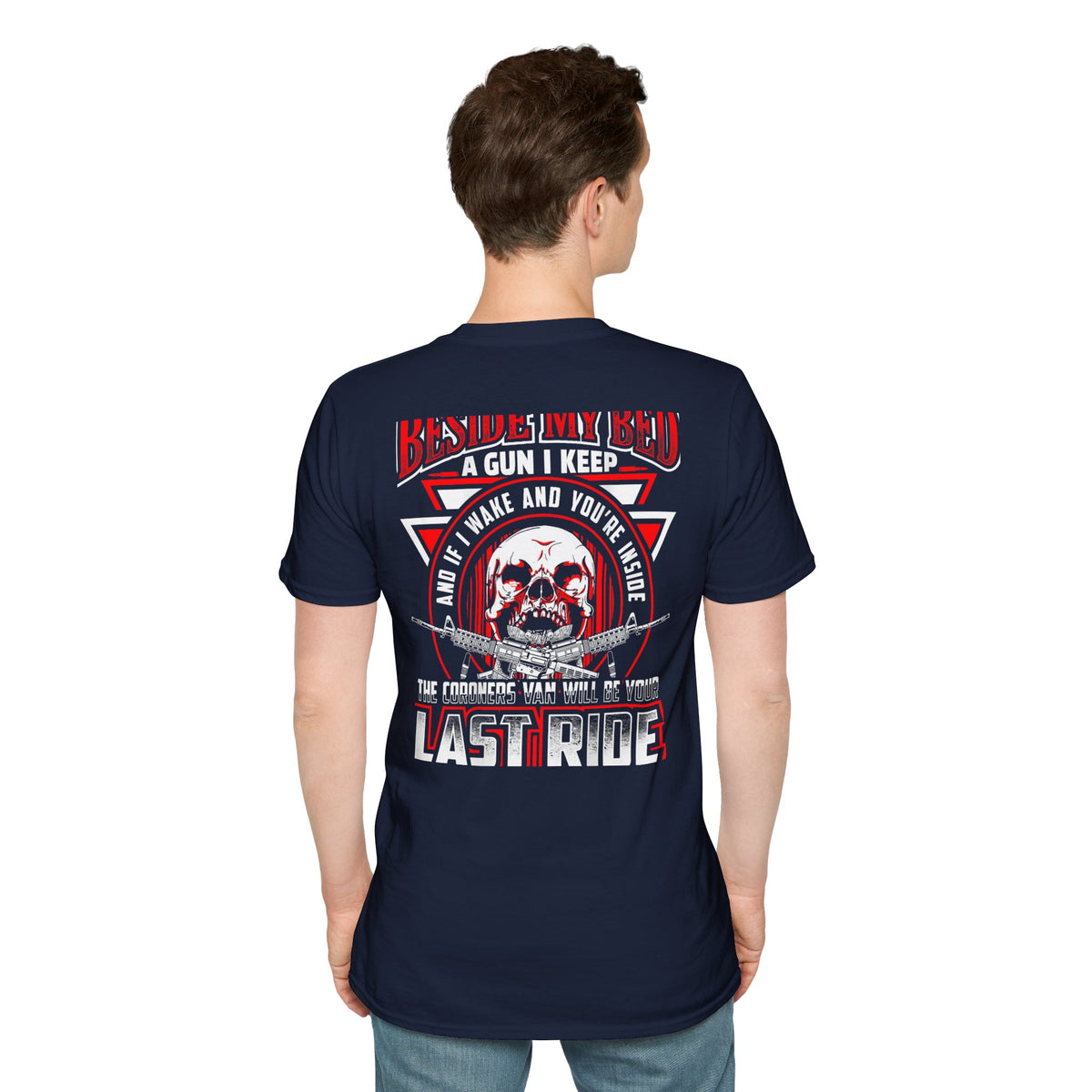 T-Shirt — "Beside My Bed a Gun I Keep" Skull Graphic