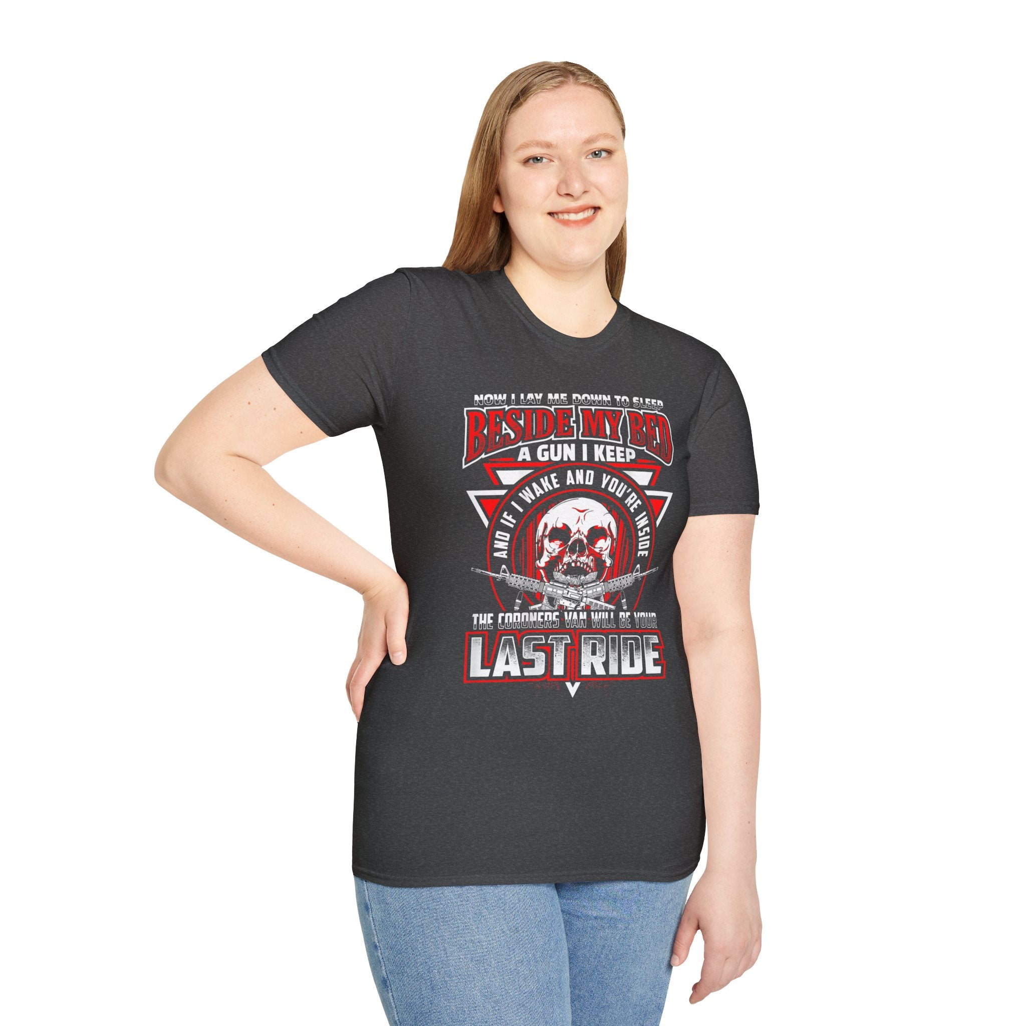 T-Shirt — "Beside My Bed a Gun I Keep" Skull Graphic