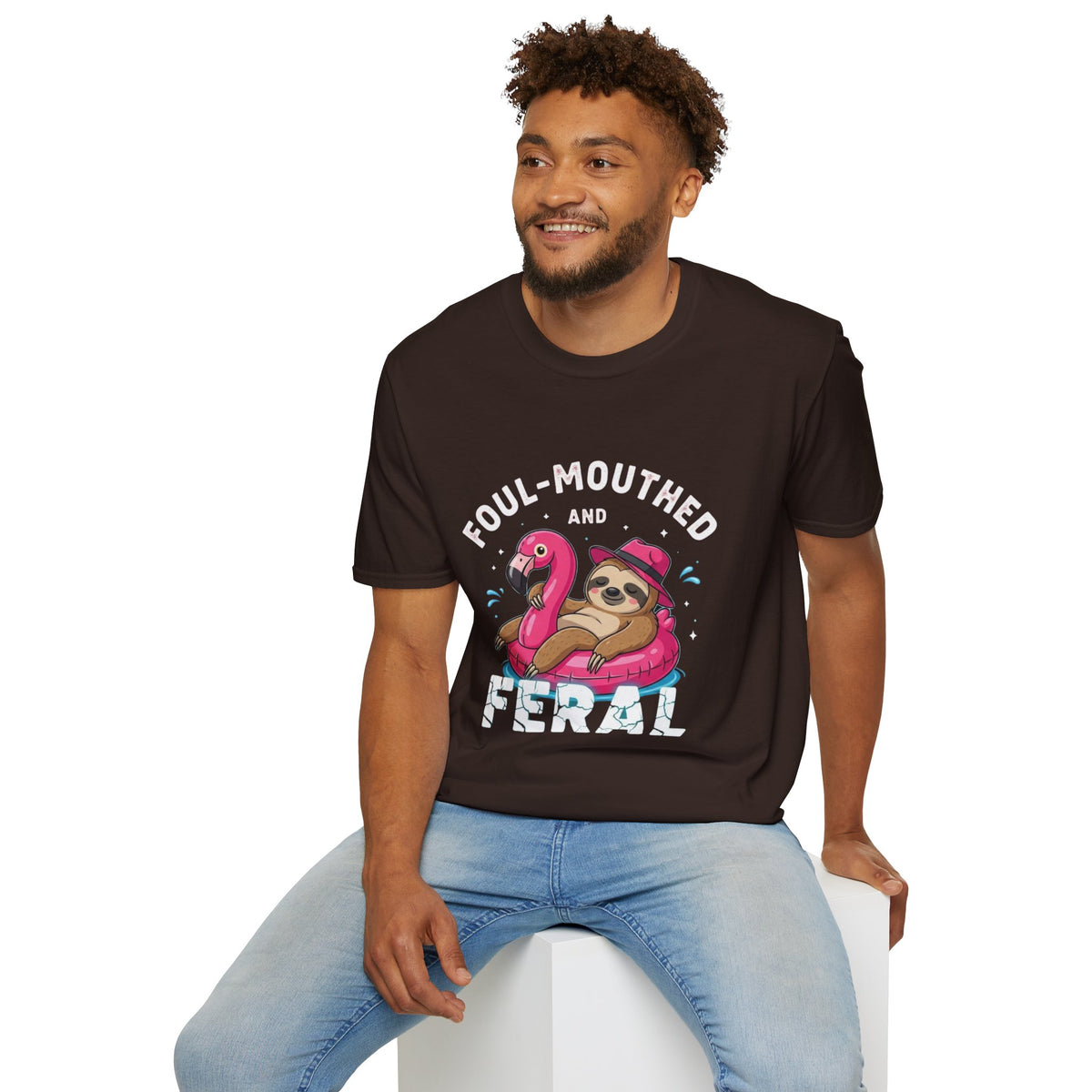 Foul‑Mouthed and Feral Sloth Graphic T-Shirt — Funny Pool Float Flamingo Tee