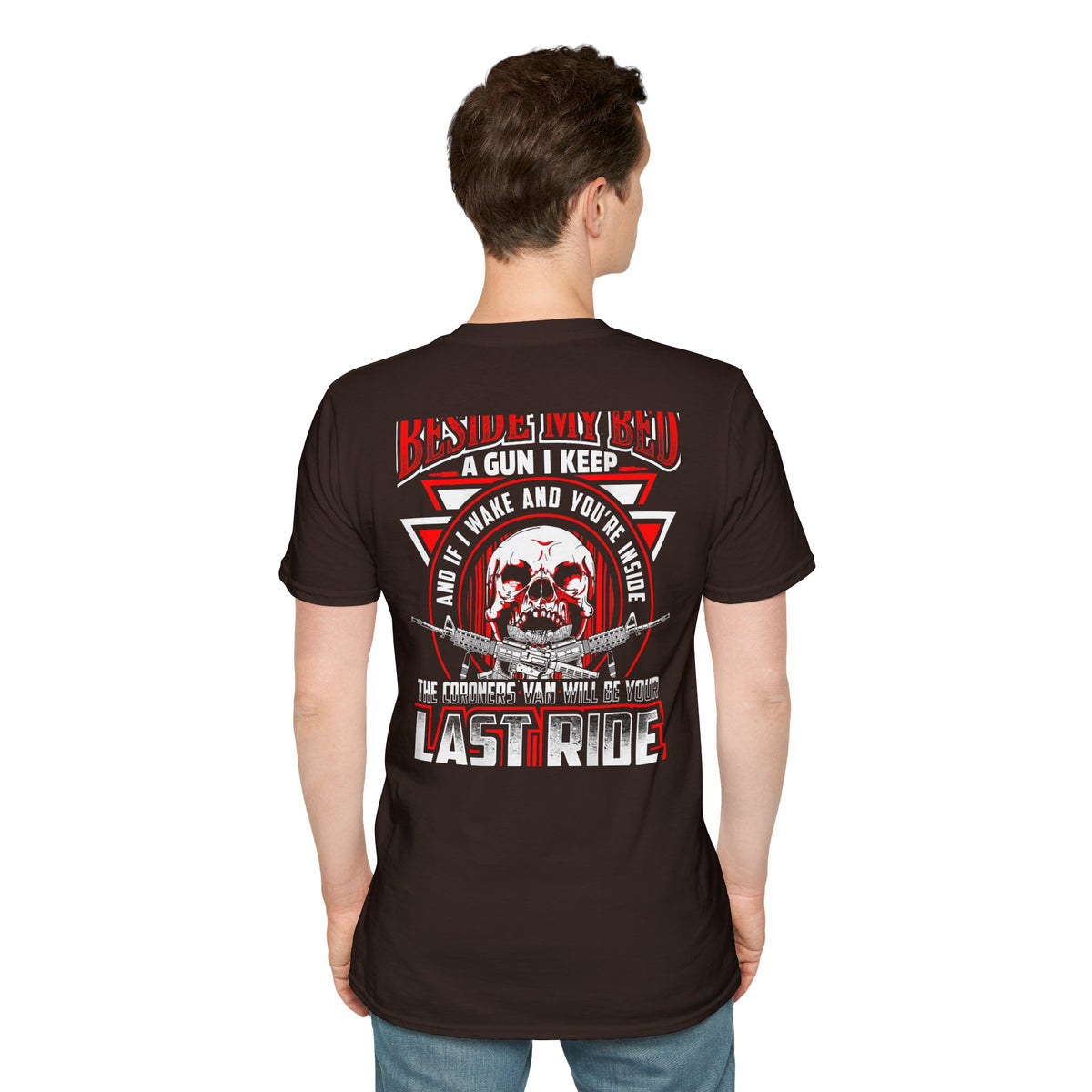 T-Shirt — "Beside My Bed a Gun I Keep" Skull Graphic
