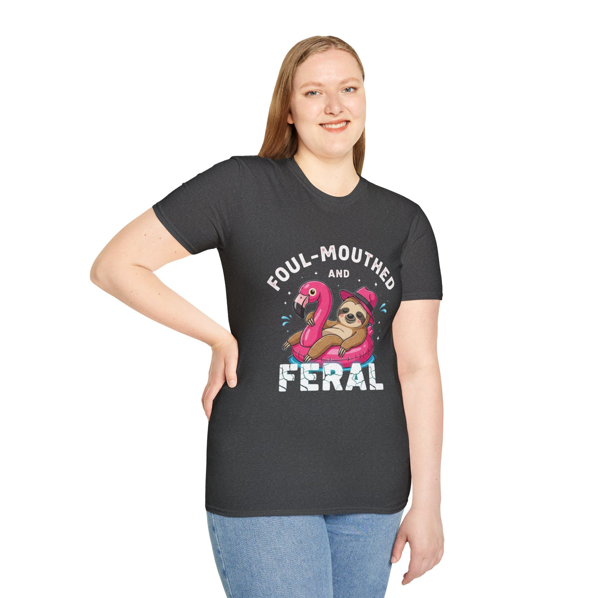 Foul‑Mouthed and Feral Sloth Graphic T-Shirt — Funny Pool Float Flamingo Tee