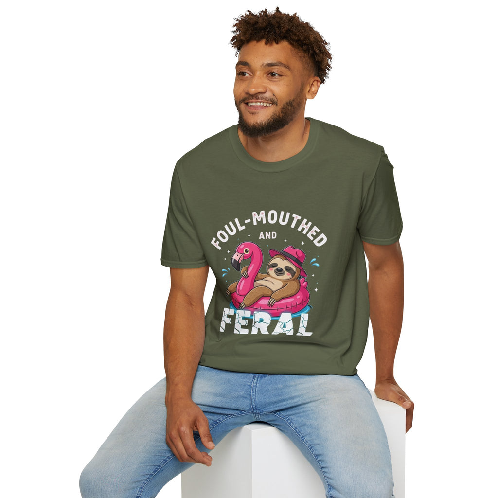 Foul‑Mouthed and Feral Sloth Graphic T-Shirt — Funny Pool Float Flamingo Tee