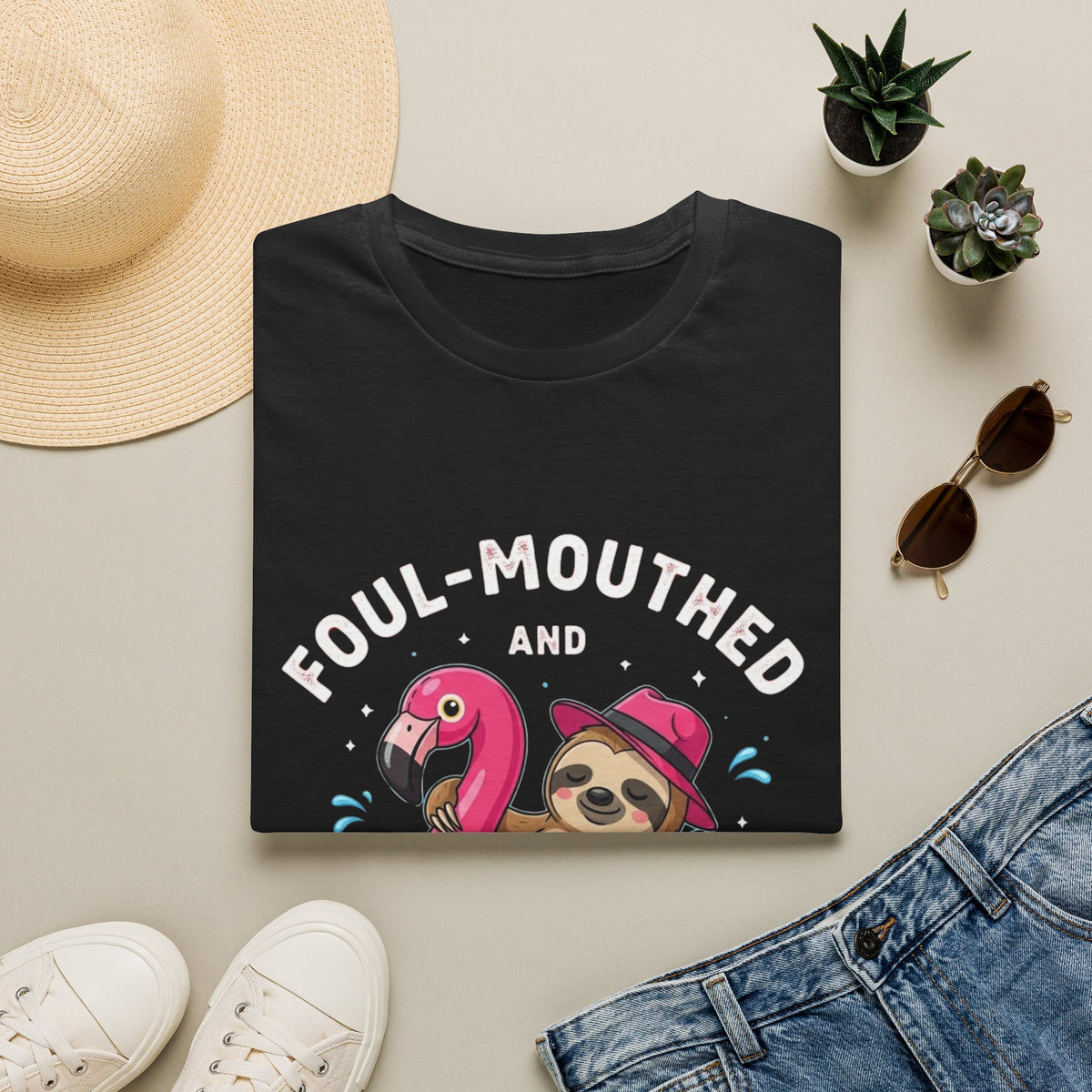 Foul‑Mouthed and Feral Sloth Graphic T-Shirt — Funny Pool Float Flamingo Tee