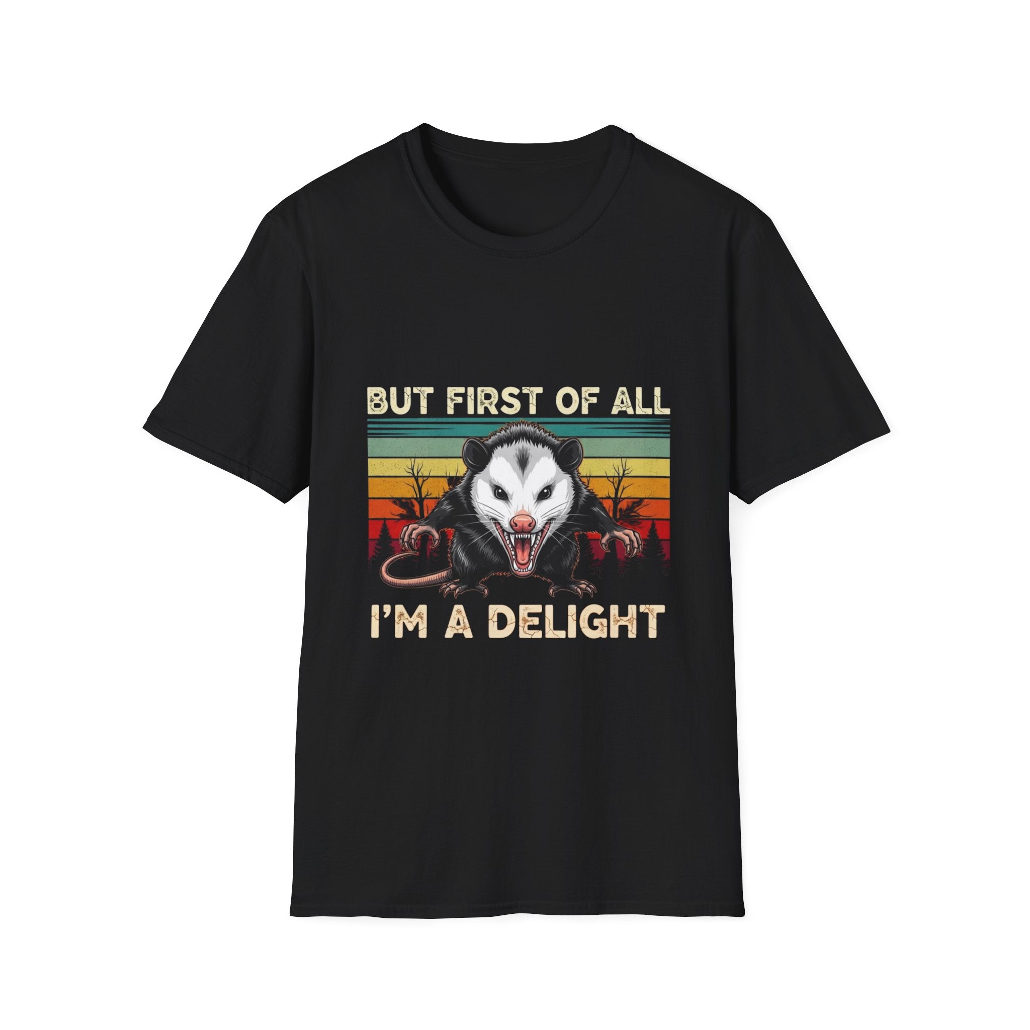 Opossum Graphic Tee — “But First Of All I’m A Delight” Vintage Sunset T-Shirt