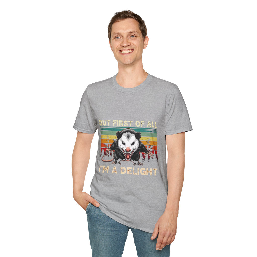Opossum Graphic Tee — “But First Of All I’m A Delight” Vintage Sunset T-Shirt