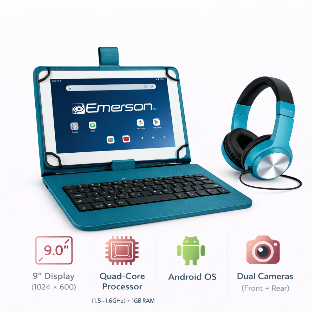 Emerson 9” Quad Core Tablet with Android 14 Turquoise - Refurbished