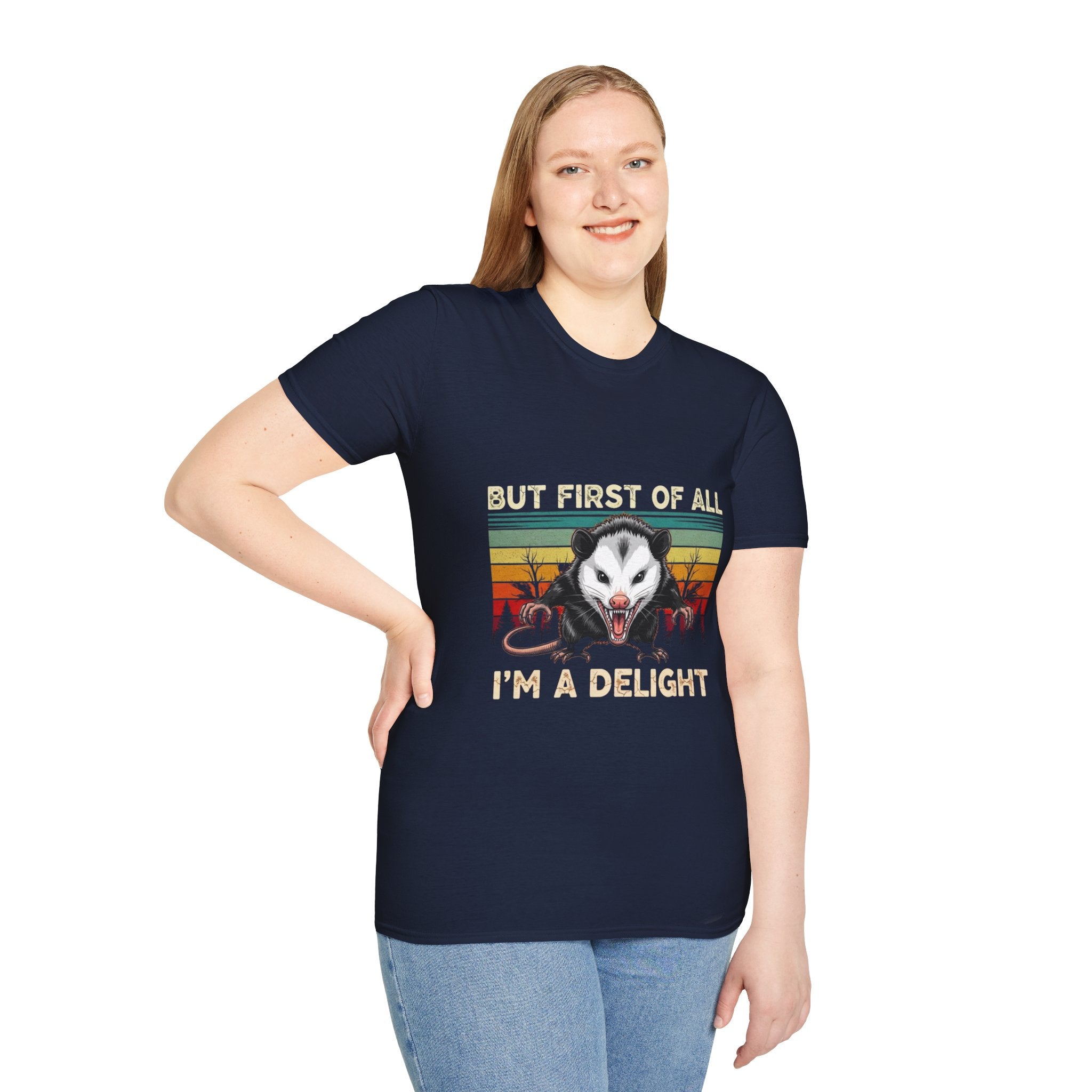 Opossum Graphic Tee — “But First Of All I’m A Delight” Vintage Sunset T-Shirt