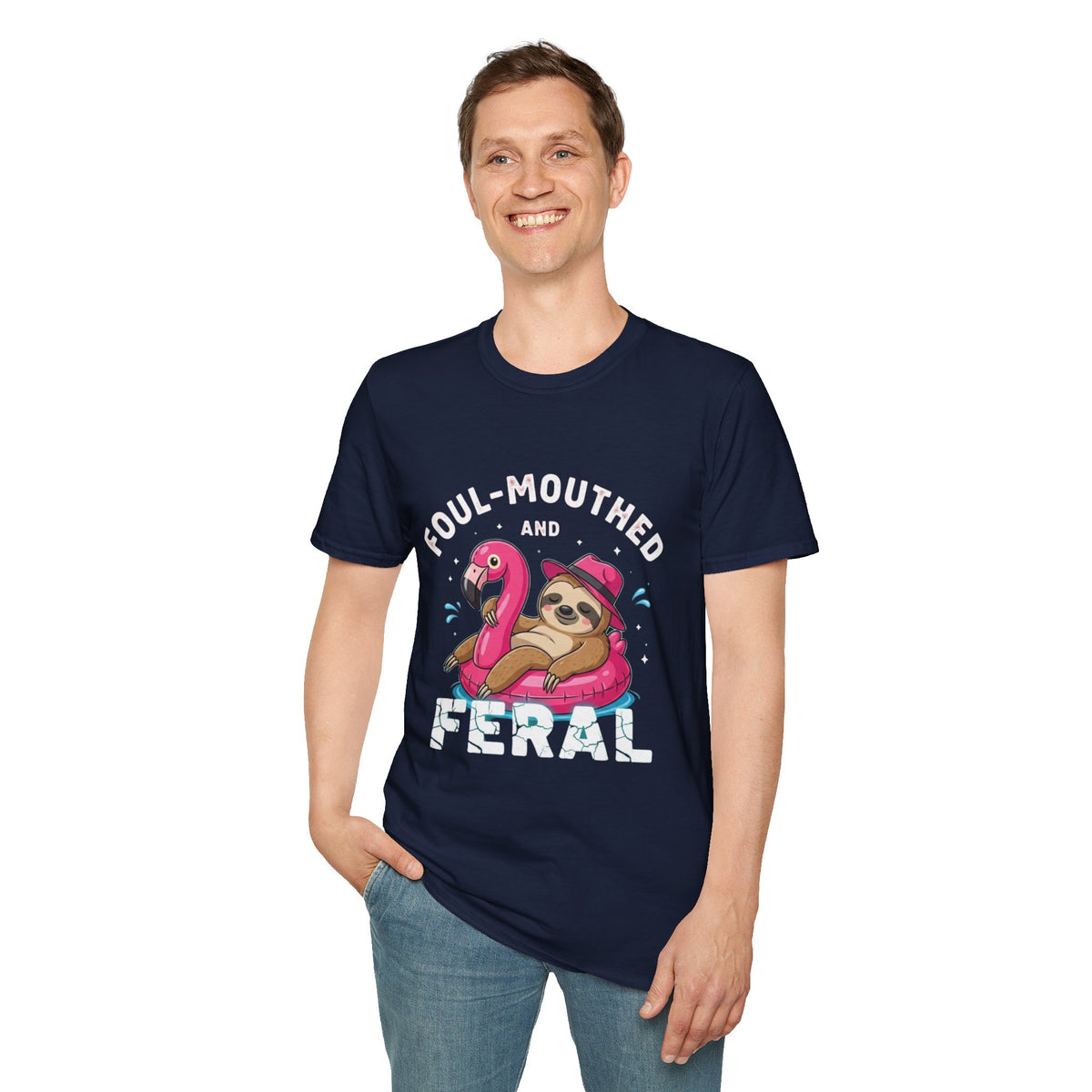 Foul‑Mouthed and Feral Sloth Graphic T-Shirt — Funny Pool Float Flamingo Tee