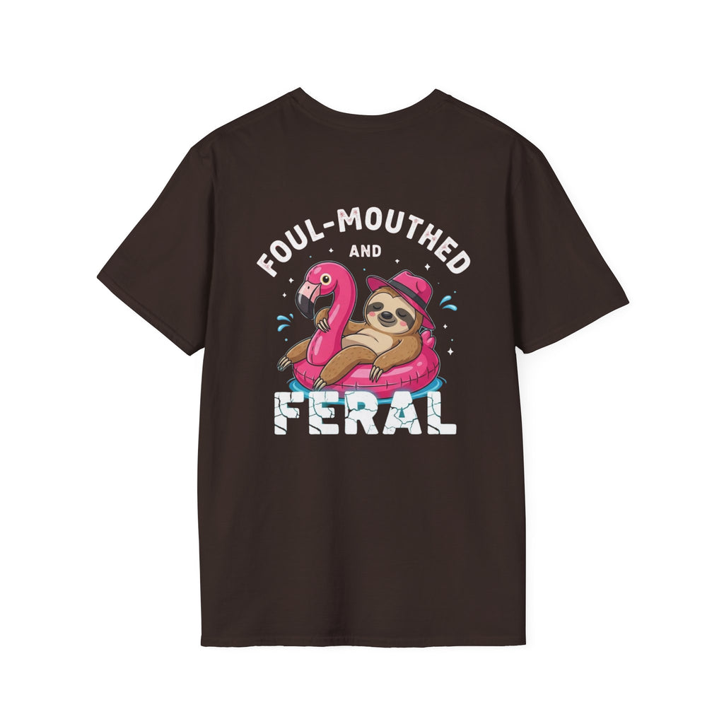 Foul‑Mouthed and Feral Sloth Graphic T-Shirt — Funny Pool Float Flamingo Tee