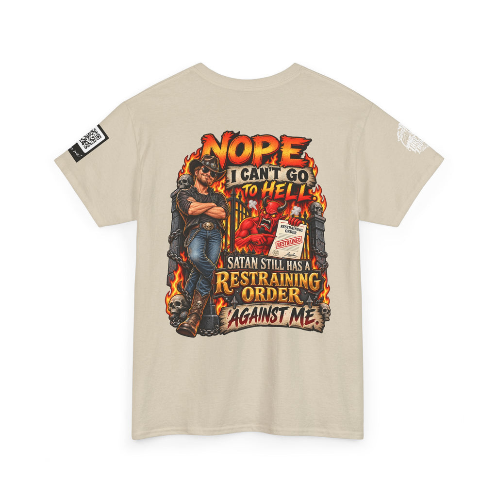 Satan Still Has a Restraining Order Against Me Back Graphic Tee