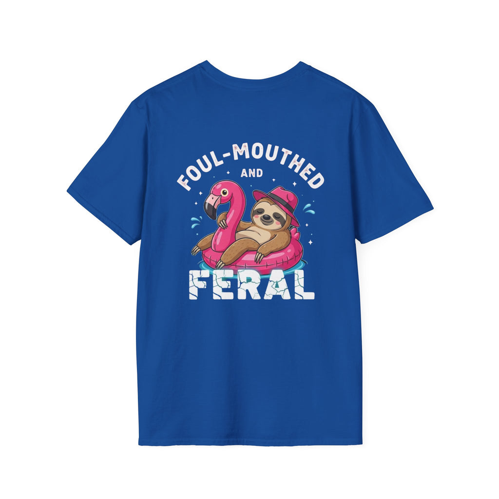 Foul‑Mouthed and Feral Sloth Graphic T-Shirt — Funny Pool Float Flamingo Tee