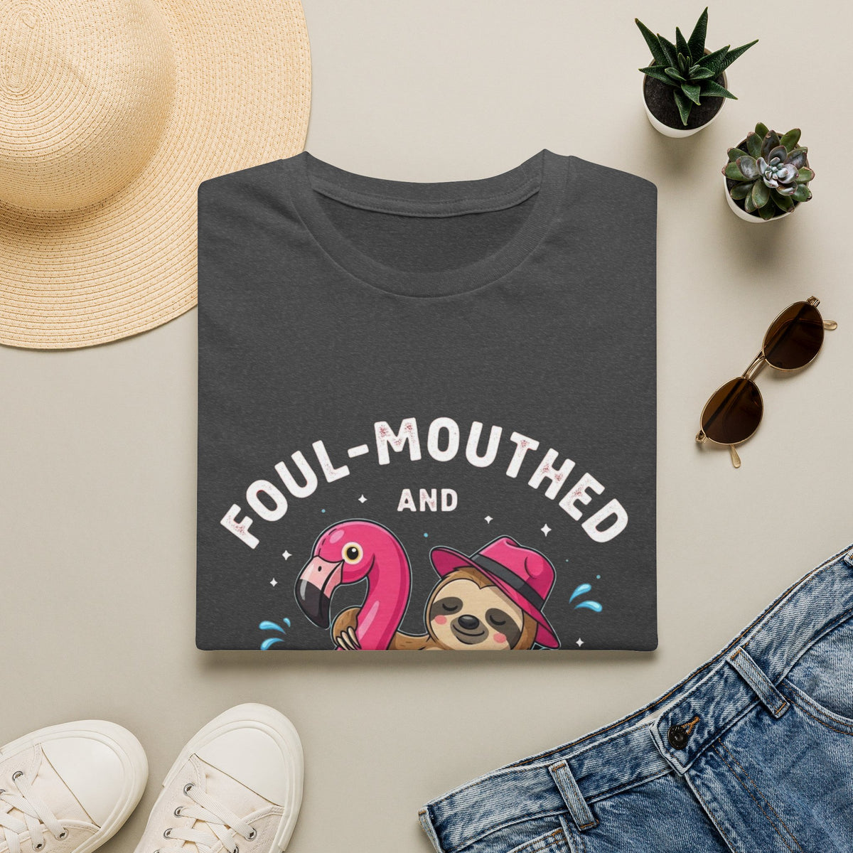 Foul‑Mouthed and Feral Sloth Graphic T-Shirt — Funny Pool Float Flamingo Tee