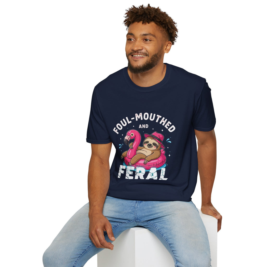 Foul‑Mouthed and Feral Sloth Graphic T-Shirt — Funny Pool Float Flamingo Tee