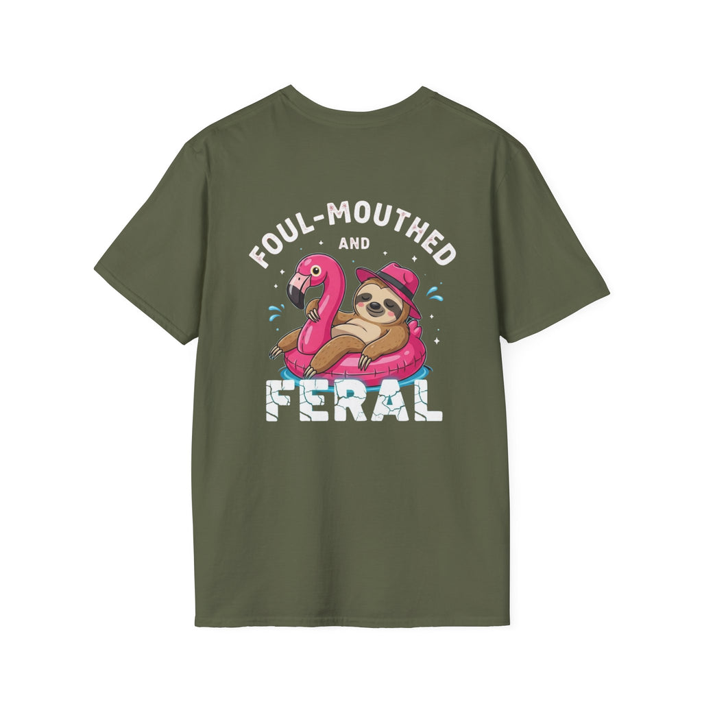 Foul‑Mouthed and Feral Sloth Graphic T-Shirt — Funny Pool Float Flamingo Tee