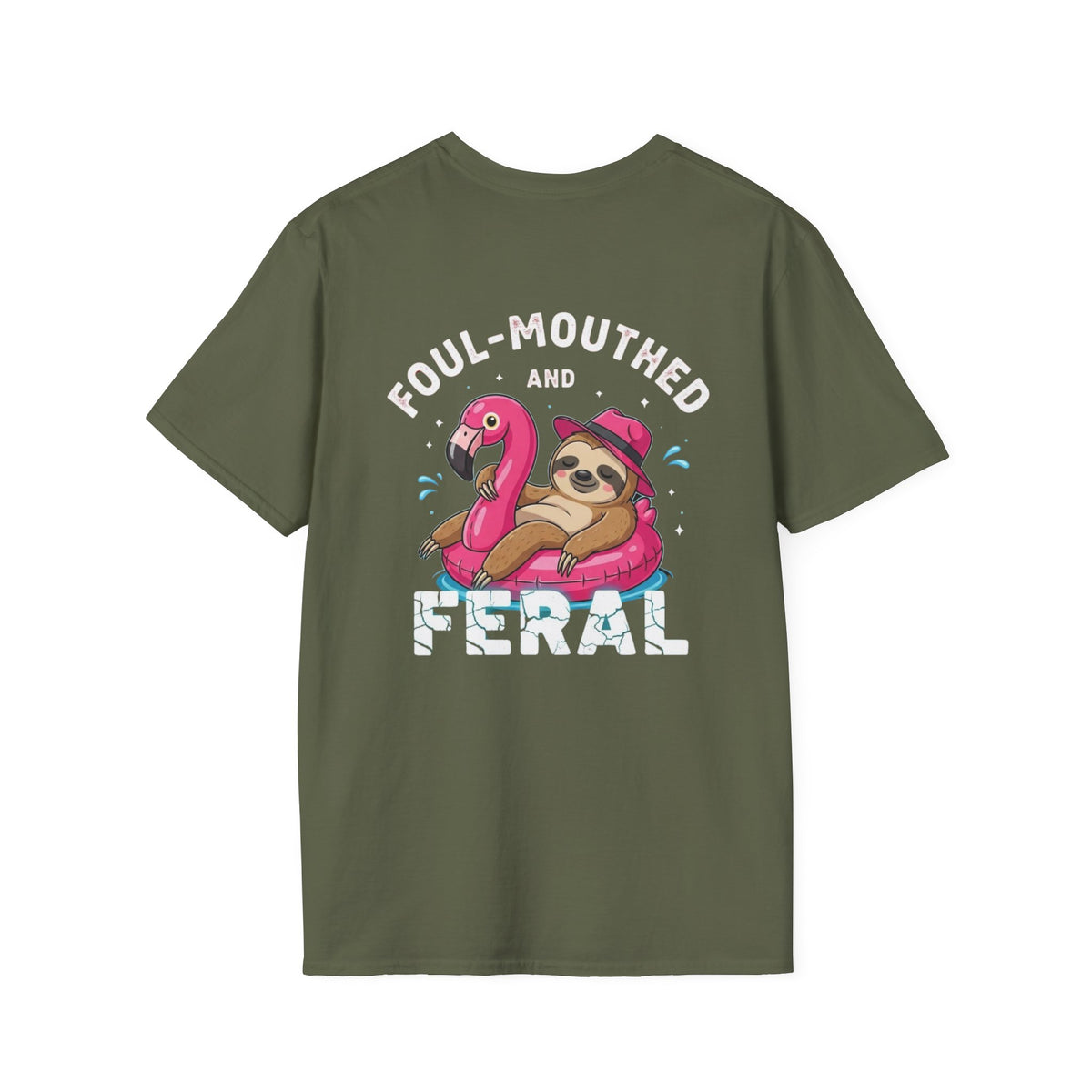 Foul‑Mouthed and Feral Sloth Graphic T-Shirt — Funny Pool Float Flamingo Tee
