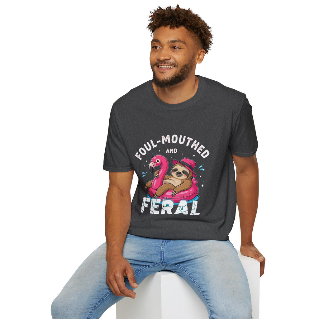 Foul‑Mouthed and Feral Sloth Graphic T-Shirt — Funny Pool Float Flamingo Tee