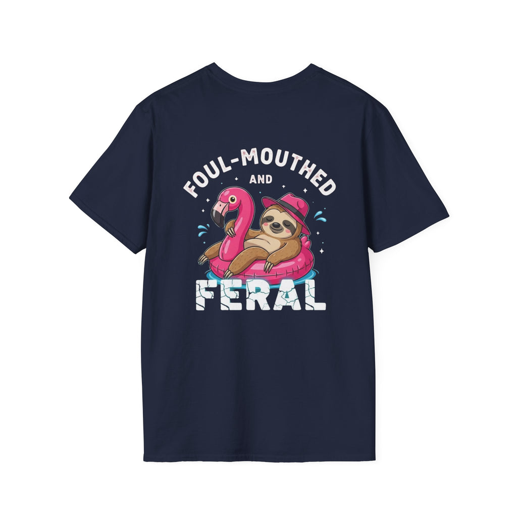 Foul‑Mouthed and Feral Sloth Graphic T-Shirt — Funny Pool Float Flamingo Tee