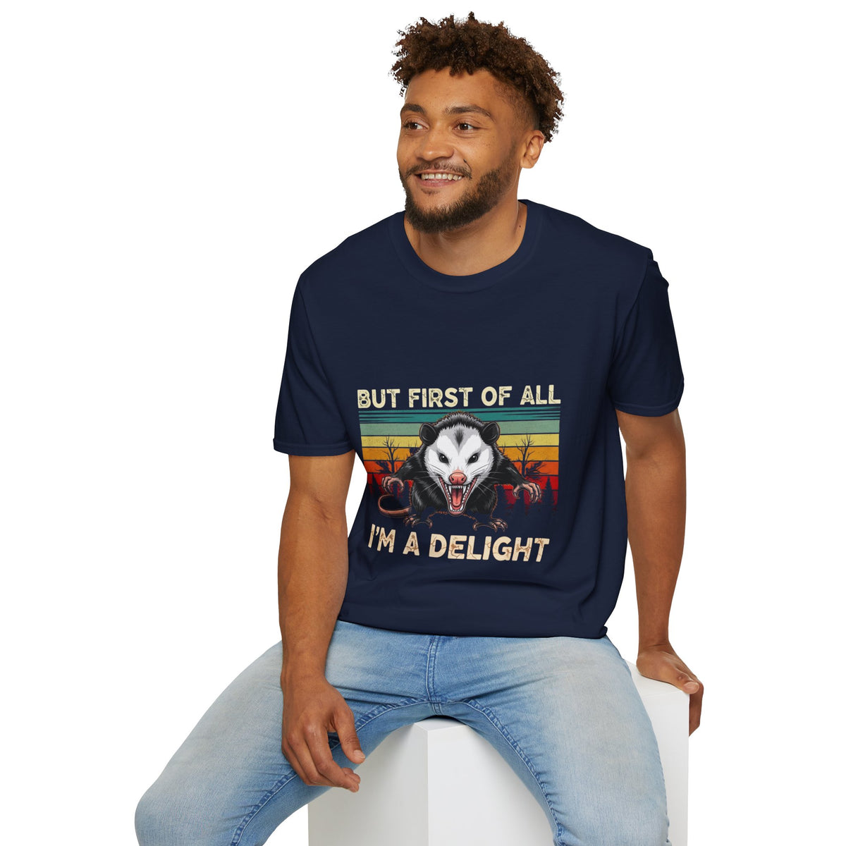 Opossum Graphic Tee — “But First Of All I’m A Delight” Vintage Sunset T-Shirt