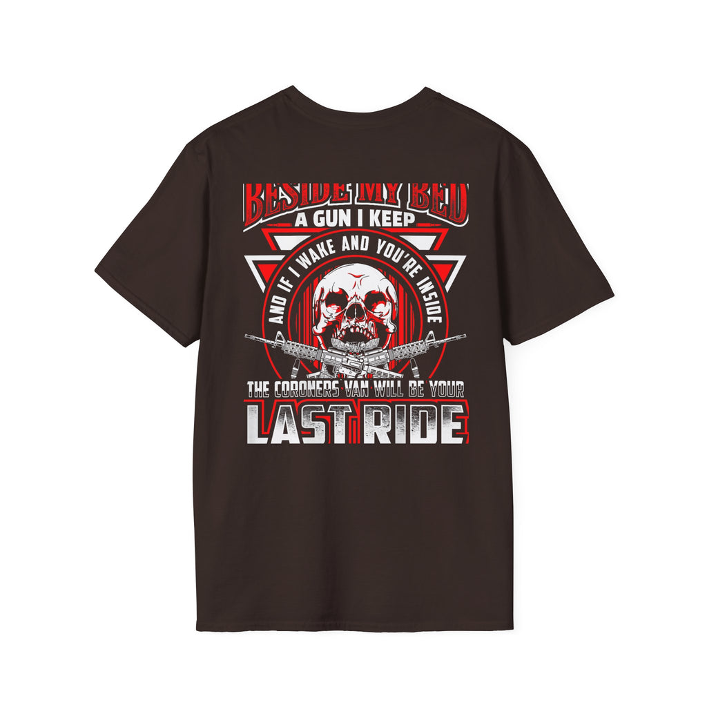 T-Shirt — "Beside My Bed a Gun I Keep" Skull Graphic