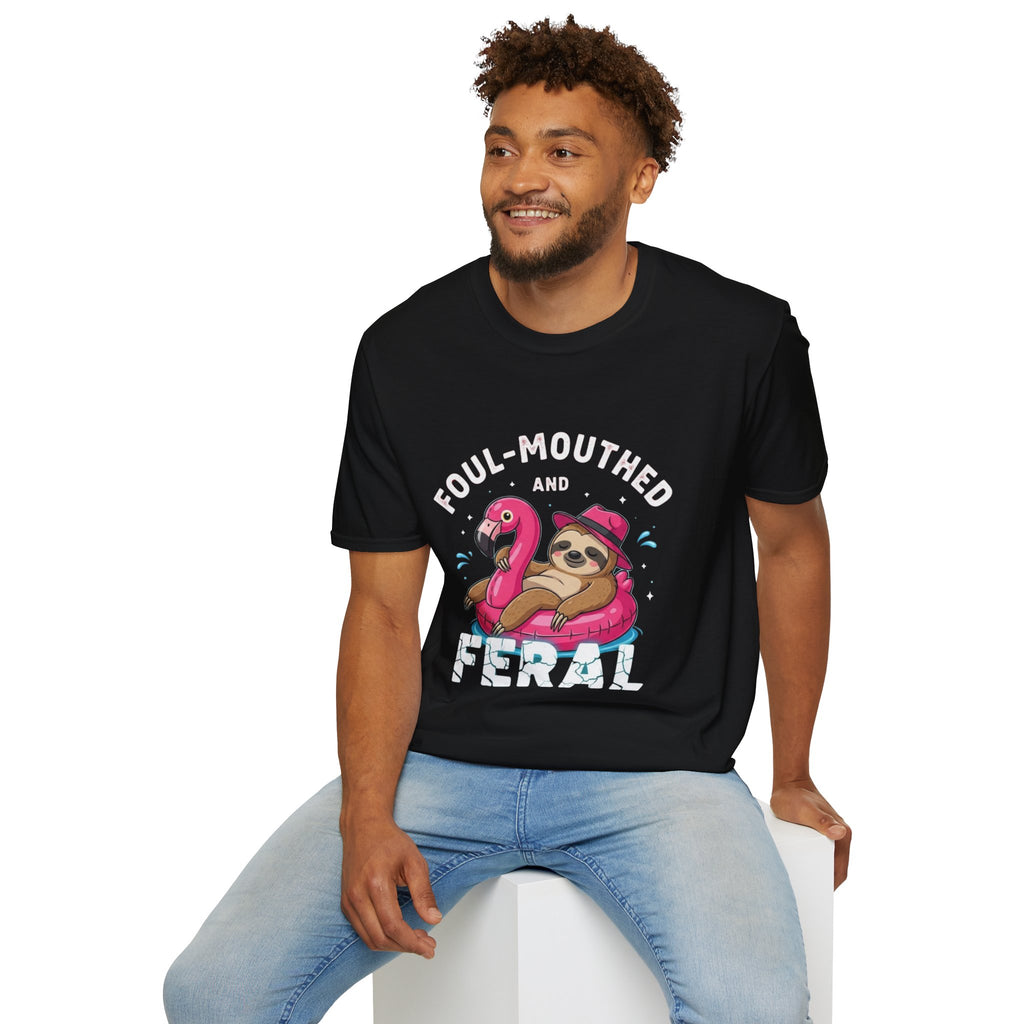 Foul‑Mouthed and Feral Sloth Graphic T-Shirt — Funny Pool Float Flamingo Tee