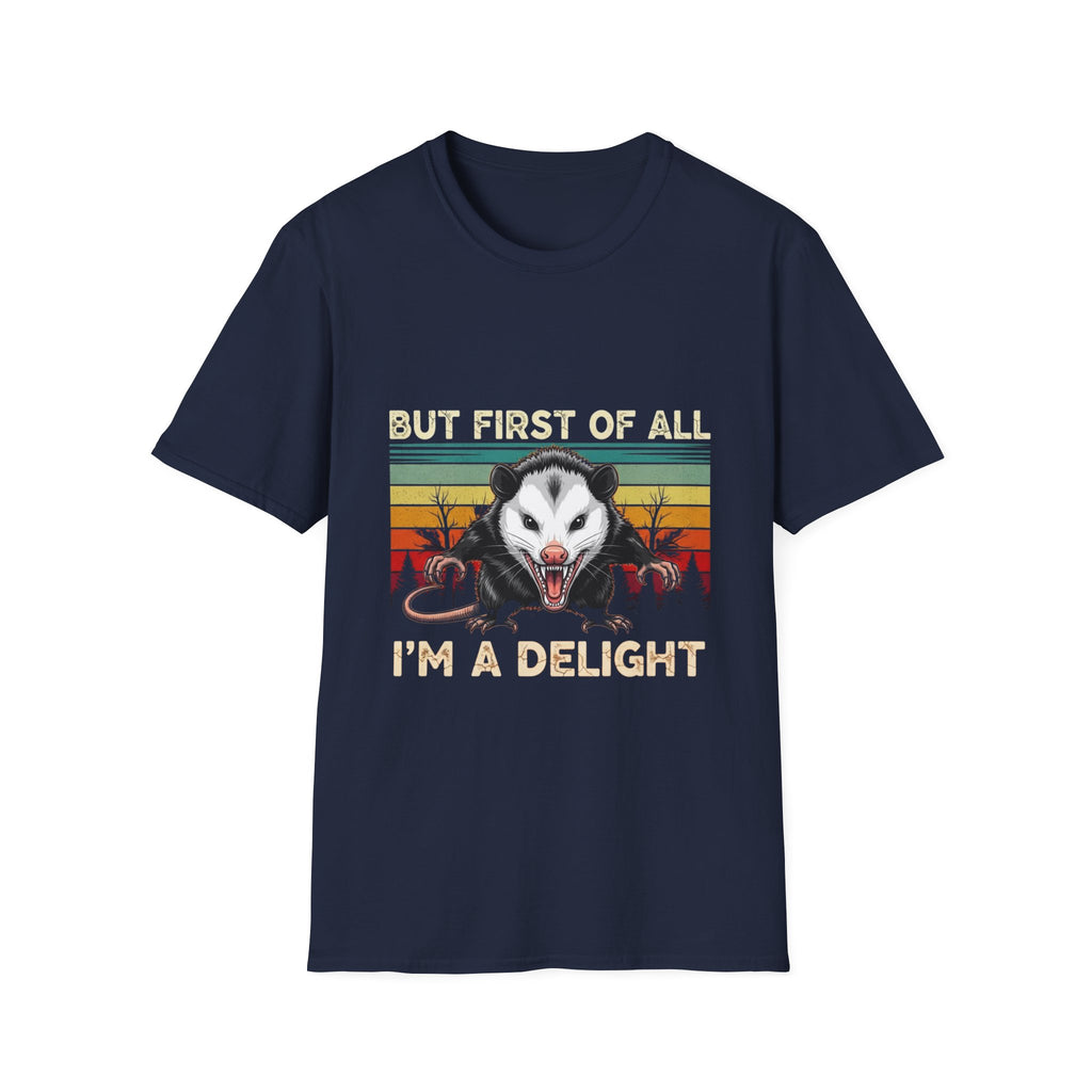Opossum Graphic Tee — “But First Of All I’m A Delight” Vintage Sunset T-Shirt