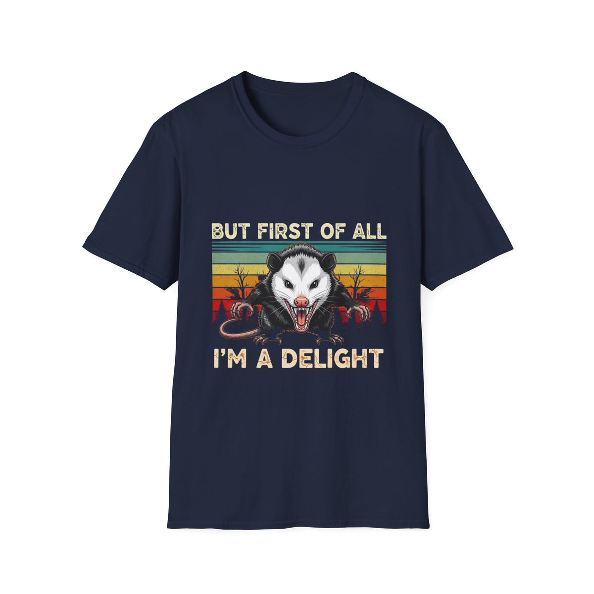 Opossum Graphic Tee — “But First Of All I’m A Delight” Vintage Sunset T-Shirt