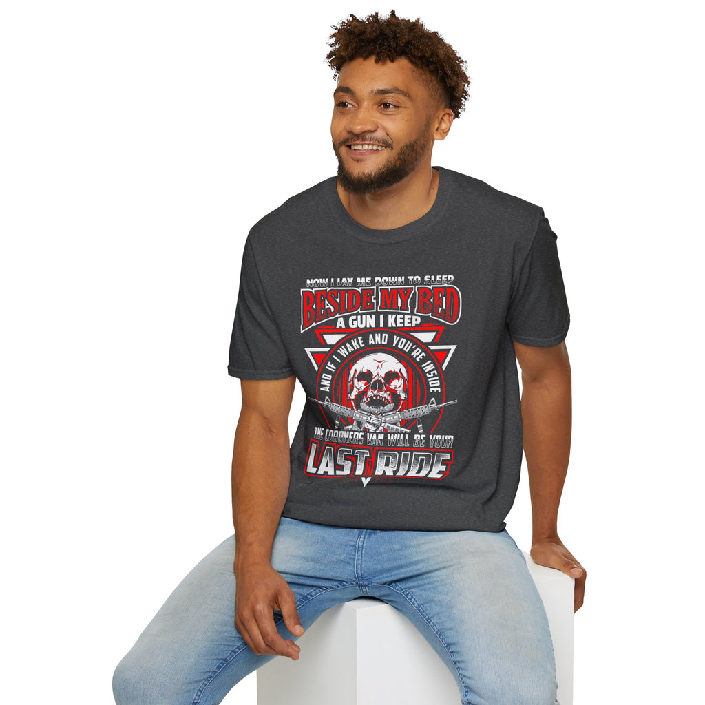 T-Shirt — "Beside My Bed a Gun I Keep" Skull Graphic